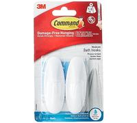 Command Ganchos para el Baño, Resistentes al Agua, 2 Ganchos Blancos Medianos, 4 Tiras Adhesivas Especiales para Ambientes Húmedos, Para Colgar Toallas, Albornoces, Sin Agujeros, sin Taladrar Azulejos