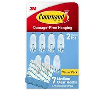 Command - Ganchos transparentes medianos para pared, 7 ganchos y 12 tiras, fijación con adhesivo sin dañar, ideales para decoración del hogar, soportan hasta 1 kg