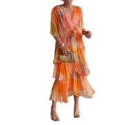 Commencu Dresses Elegant Chiffon Dress Effortless Grace for Every Occasion V Neck Ruffle Layered Elegant Dress for Women (Orange, 3XL)