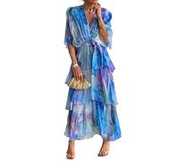 Commencu Dresses Elegant Chiffon Dress Effortless Grace for Every Occasion V Neck Ruffle Layered Elegant Dress for Women (Blue, S)