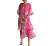 Commencu Dresses Elegant Chiffon Dress Effortless Grace for Every Occasion V Neck Ruffle Layered Elegant Dress for Women (Pink, 3XL)