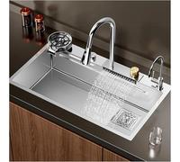 Commercial Stainless Steel Kitchen Sink with Waterfall Faucet - Multifunctional Vegetable Basin for Home Restaurant And School (75x45x22cm Silver)