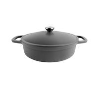 Commichef Cacerola ligera de hierro fundido, 28 cm, 3 l, negra: olla holandesa con tapa para cocinar y hornear pan, sartén esmaltada, olla para guisos compatible con placas de inducción