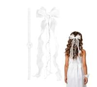 Communion Hair Accessories - 50cm White Bow Headband With Organza Ribbon And Pearl Detail | Bow Headpiece With Bracelet | Bridal Party Hairpiece For Weddings & Formal Events