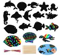COMNICO 36 piezas de animales marinos para rascar niños, papel rascador arco iris Scratch Art Crafts con palo de madera y cinta Mermaid DIY manualidades para fiestas, regalos, cumpleaños, mar,