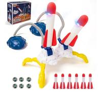 Comnonage Lanzador de cohetes de presión de aire al aire libre con bomba de pie, juego de duelo para 2 jugadores con soportes de lanzamiento ajustables y 6 cohetes de espuma suave, hasta 35 m*, para
