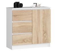 AKORD Cómoda Jerry | Cajonero con 1 Puerta 3 Cajones 2 Estantes | Credenza Alta 80 cm | 80x35x77 cm | Blanco & Roble Sonoma Frente