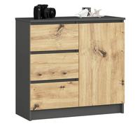 AKORD Cómoda Jerry | Cajonero con 1 Puerta 3 Cajones 2 Estantes | Credenza Alta 80 cm | 80x35x77 cm | Gris Grafito & Roble Artisan Frente