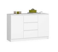 Cómoda akord k016 blanco 120 cm 2 puertas 3 cajones frente en color blanco 4 estantes 120x40x77 cm