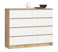 Cómoda akord k120 roble artisan 120 cm 8 cajones frente en color blanco 120x40x99 cm