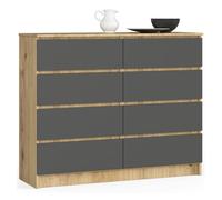 Cómoda akord k120 roble artisan 120 cm 8 cajones frente en color grafito gris 120x40x99 cm