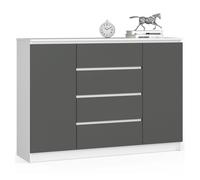 Cómoda akord k140 blanco 138 cm 2 puertas 4 cajones frente en color grafito gris 4 estantes 138x40x99 cm