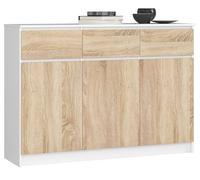 Cómoda akord k140 blanco 138 cm 3 puertas 3 cajones frente en color roble sonoma 6 estantes 138x40x99 cm