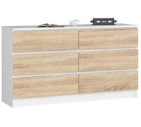 Cómoda akord k140 blanco 138 cm 6 cajones frente en color roble sonoma 138x40x77 cm