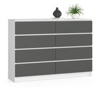 Cómoda akord k140 blanco 138 cm 8 cajones frente en color grafito gris 138x40x99 cm