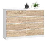 Cómoda akord k140 blanco 138 cm 8 cajones frente en color roble sonoma 138x40x99 cm
