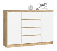 Cómoda AKORD K140 Roble Artisan 138 cm 2 puertas 4 cajones frente en color Blanco 4 estantes 138x40x99 cm
