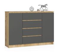 Cómoda akord k140 roble artisan 138 cm 2 puertas 4 cajones frente en color grafito gris 4 estantes 138x40x99 cm