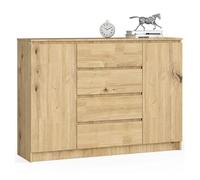 Cómoda akord k140 roble artisan 138 cm 2 puertas 4 cajones frente en color roble artisan 4 estantes 138x40x99 cm