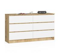 Cómoda akord k140 roble artisan 138 cm 6 cajones frente en color blanco 138x40x77 cm
