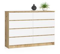 Cómoda akord k140 roble artisan 138 cm 8 cajones frente en color blanco 138x40x99 cm