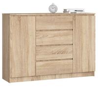 Cómoda akord k140 roble sonoma 138 cm 2 puertas 4 cajones frente en color roble sonoma 4 estantes 138x40x99 cm