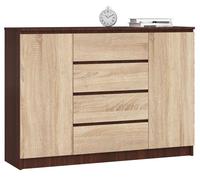 Cómoda akord k140 wenge 138 cm 2 puertas 4 cajones frente en color roble sonoma 4 estantes 138x40x99 cm