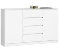 Cómoda akord k160 blanco 160 cm 2 puertas 4 cajones frente en color blanco 4 estantes 160x40x99 cm