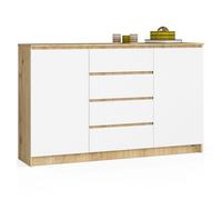 Cómoda akord k160 roble artisan 160 cm 2 puertas 4 cajones frente en color blanco 4 estantes 160x40x99 cm