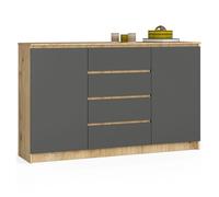 Cómoda akord k160 roble artisan 160 cm 2 puertas 4 cajones frente en color grafito gris 4 estantes 160x40x99 cm
