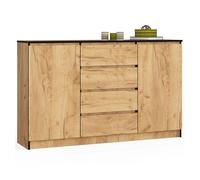 Cómoda akord k160 roble craft 160 cm 2 puertas 4 cajones frente en color roble craft 4 estantes 160x40x99 cm