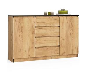 Cómoda akord k160 roble craft 160 cm 2 puertas 4 cajones frente en color roble craft 4 estantes 160x40x99 cm