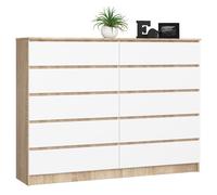 AKORD Cómoda K160 Roble Sonoma 160 cm 10 cajones Frente en Color Blanco 160x40x121 cm