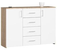 Cómoda AKORD K45 Roble Sonoma 110 cm 2 puertas 4 cajones frente en color Blanco 4 estantes 110x35x80 cm