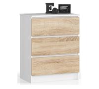AKORD Cómoda K60 con 3 cajones | Credenza Alta | Mueble Moderno para Sala de Estar, Comedor, Dormitorio, Entrada, baño | Armario Infantil | 60x77x40 cm 25 kg | Blanco & Roble Sonoma Frente