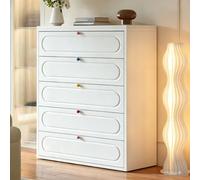 Cómoda Blanco 5 Cajones con Guías Metálicas,Mango de Color,Antivuelco Cajonera Dormitorio Armario de Almacenamiento Panel Metalico Cajonera Para Dormitorio Salón Recibidor Entrada White,50*122CM