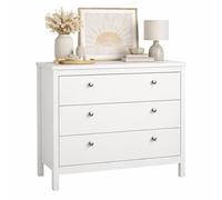 Cómoda, Cajonera Dormitorio Guadalquivir con 3 Cajones y Tiradores de Metal y Cuero incluidos,Color Blanco, 83 x 39 x 80 cm