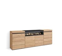 Cómoda, cajonera, mueble auxiliar, 214x35x75cm, dormitorio, habitación, chimenea eléctrica, estilo moderno, roble