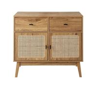 Cómoda con 2 puertas con frentes de ratán, 2 cajones y patas de madera l90 cm