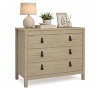 Cómoda con 3 Cajones Guadalquivir, Cajonera para Dormitorio, Tiradores de Metal y Cuero incluidos, Color Jackson Hickory, 83 x 39 x 80 cm