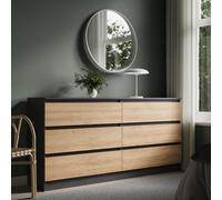 Cómoda con 6 cajones, color antracita, roble Artisan, armario de madera con cajones, aparador alto, aparador, dormitorio, salón, pasillo, oficina, organizador, ancho 160 cm, altura 78 cm