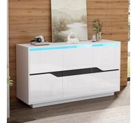 Cómoda con cajones, aparador blanco brillante negro con iluminación LED y control de aplicación, armario para TV con 3 puertas y estantes ajustables, armario de almacenamiento para canapé, 140 x 40 x