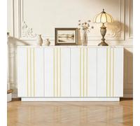 Cómoda con decoración de líneas doradas y 4 puertas, color blanco y dorado, 140 x 35 x 70 cm, divisores ajustables, placa de aspecto de piedra, armario de almacenamiento para salón, dormitorio