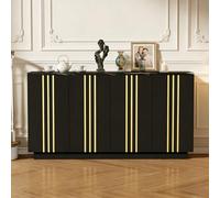 Cómoda con decoración de líneas doradas y 4 puertas, color negro y dorado, 140 x 35 x 70 cm, divisores ajustables, placa de aspecto de piedra, armario de almacenamiento para salón, dormitorio, pasillo