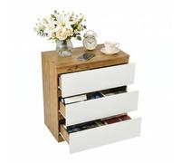 Cómoda de 3 cajones de 70 cm, color blanco y roble, moderna mesita de noche para dormitorio, sala de estar, oficina y pasillo, solución de almacenamiento que ahorra espacio con diseño elegante