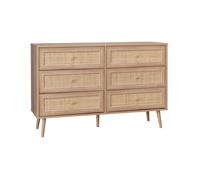 Cómoda de 6 cajones con efecto madera y caña natural - 120x39x79 cm
