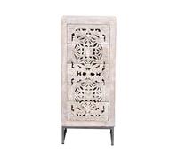 Cómoda de Dormitorio - Mueble para Ropa Sinfonier de Madera de Mango - Sinfonier con 5 Cajones Tallados - Base de Hierro Gris - Blanco Envejecido - 106 x 45 x 35 cm - Colección Mykonos