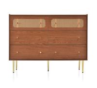 Cómoda Moderna Vintage con 6 Cajones y Detalles en Ratán Color Nogal