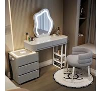 Cómoda para dormitorio, tocador con espejo y taburete, juego de tocador con cargador inalámbrico y 5 cajones, escritorio moderno para niña (Schminktisch-Set (Grau))
