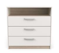 Cómoda watson 3 cajones y 1 estante en blanco y roble kronberg melamina 81 cm - mueble funcional